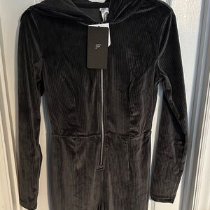 Fabletics Black Ribbed Hooded Jumpsuit